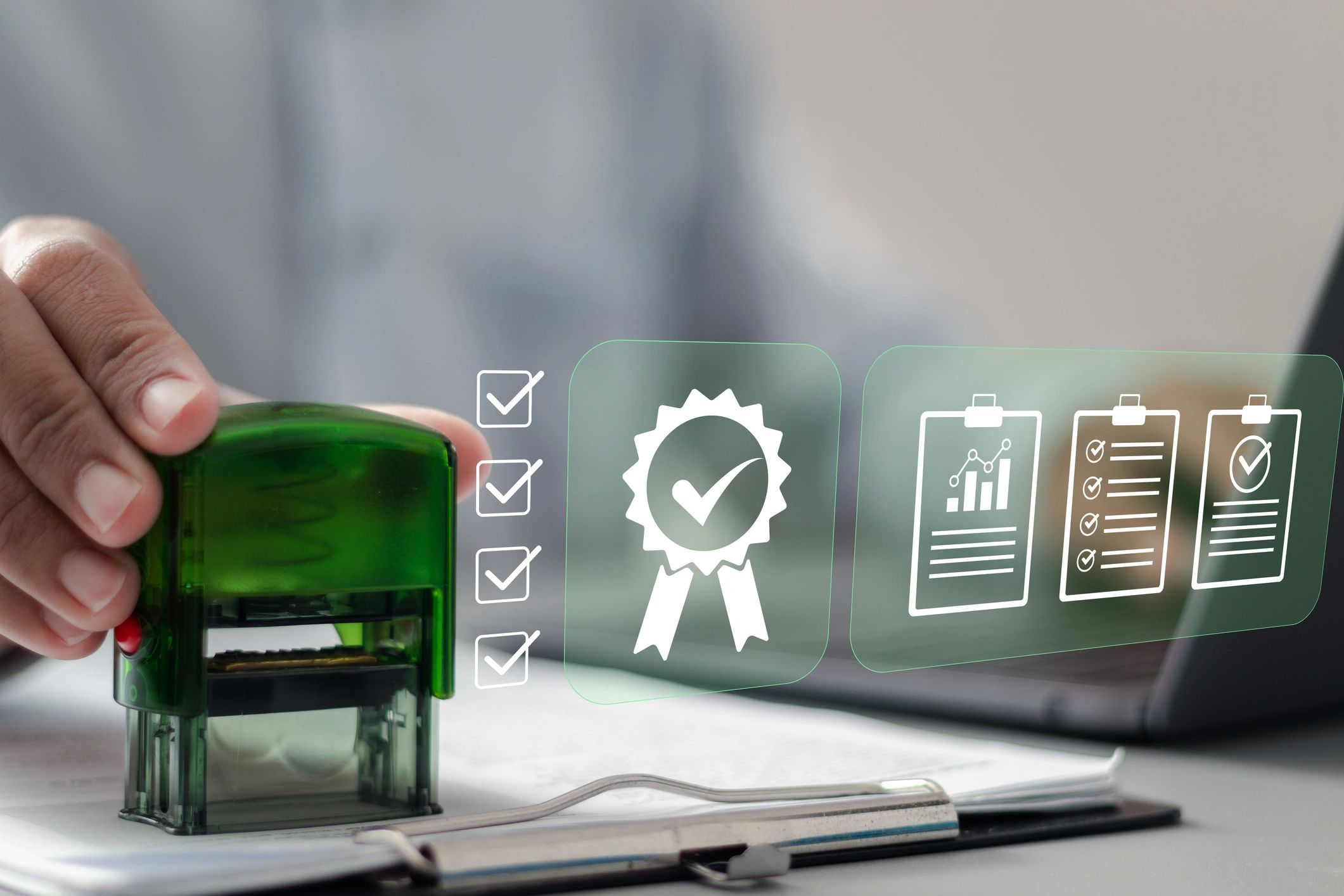 A green stamp marking approval on a document with digital icons.
