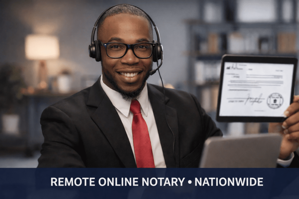 Man holding tablet, remote notary service.