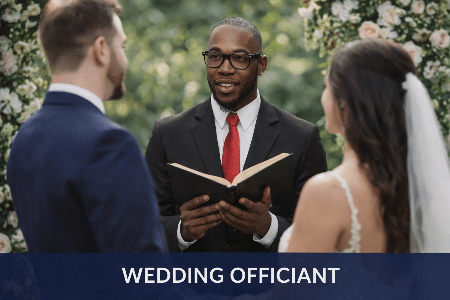 Wedding officiant conducting outdoor marriage ceremony.